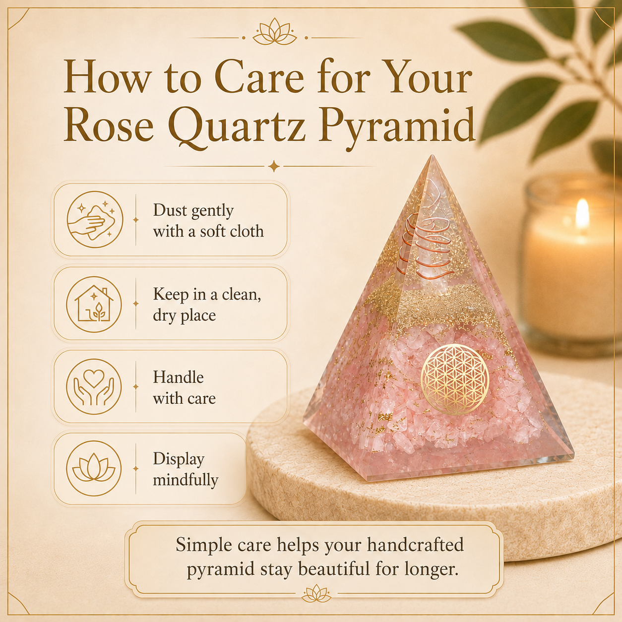 Rose Quartz Orgone Crystal Pyramid For Meditation and Emf Protection