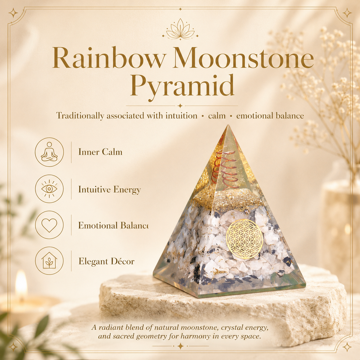 Rainbow Moonstone Handmade Orgone Pyramid For Emf Protection