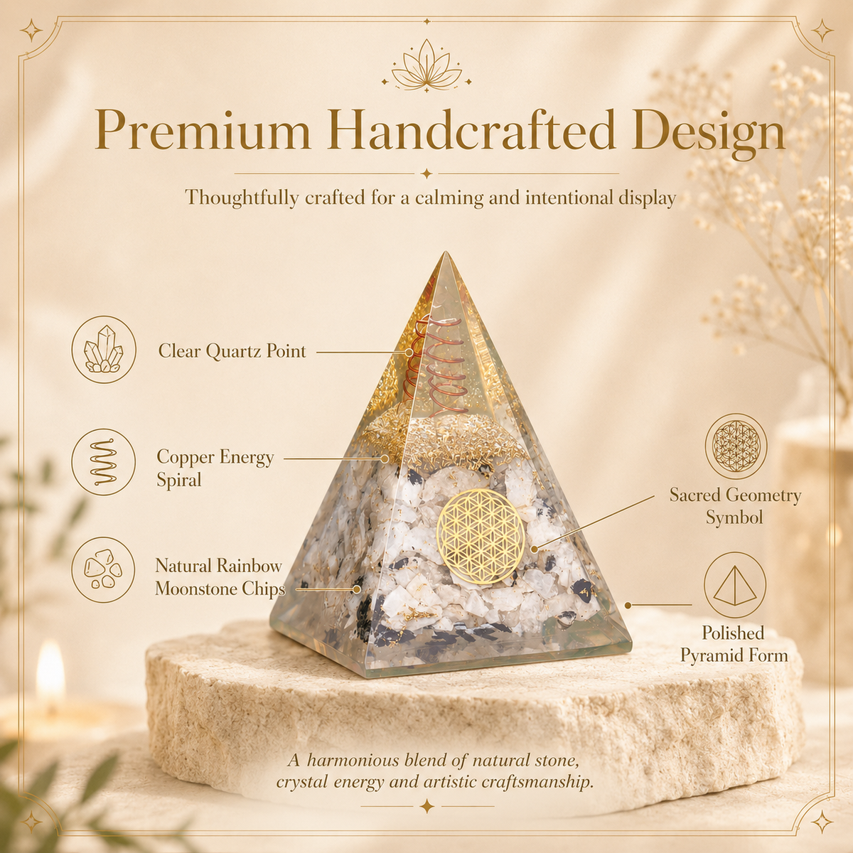 Rainbow Moonstone Handmade Orgone Pyramid For Emf Protection