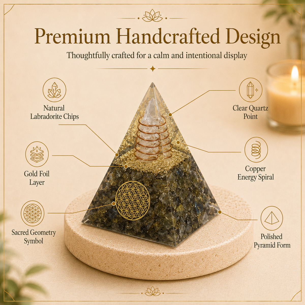 Labrdorite Crystal Pyramid For Meditation With Copper Coil