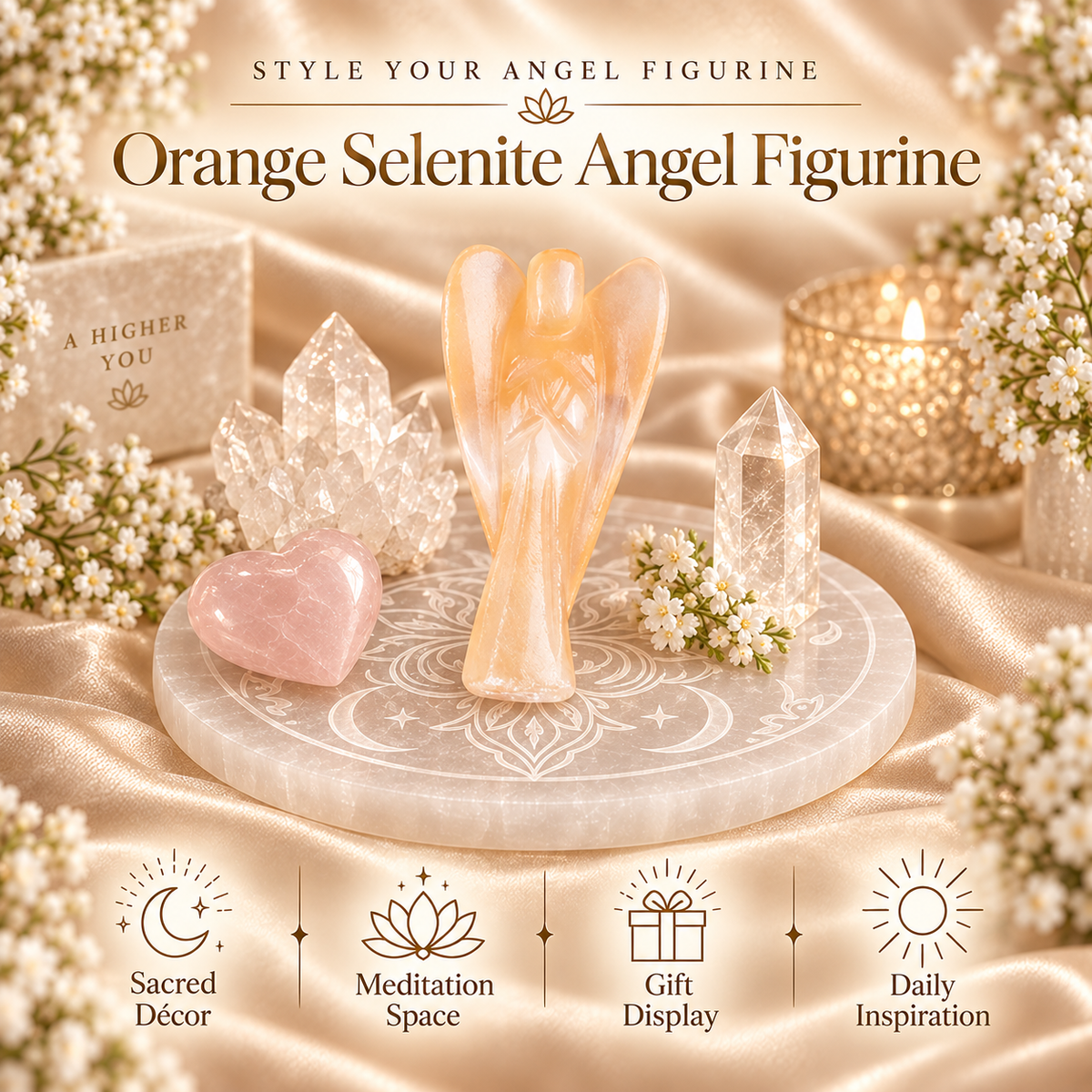 Orange Selenite Angel Figurine for Creativity, Vitality, and Emotional Healing