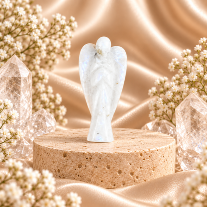 Rainbow Moonstone Angel Figurine for Intuition, Protection, and Emotional Balance