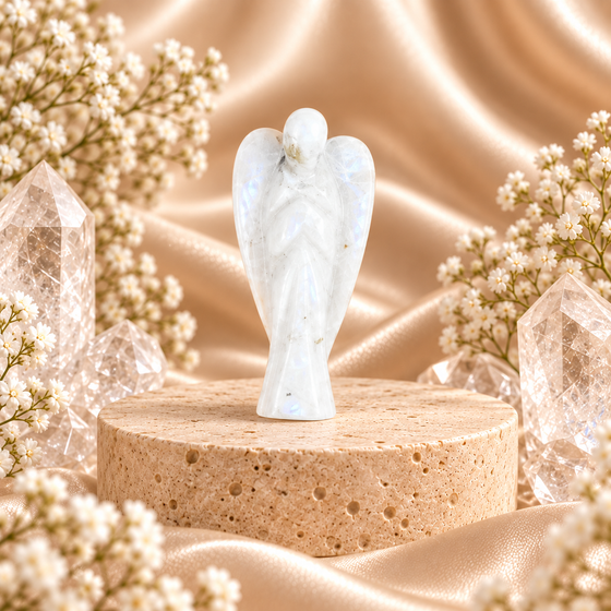 Rainbow Moonstone Angel Figurine for Intuition, Protection, and Emotional Balance