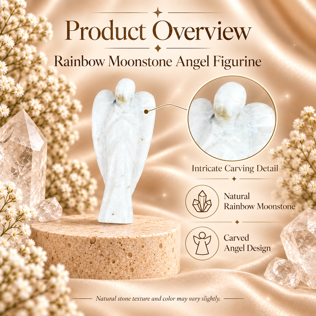 Rainbow Moonstone Angel Figurine for Intuition, Protection, and Emotional Balance