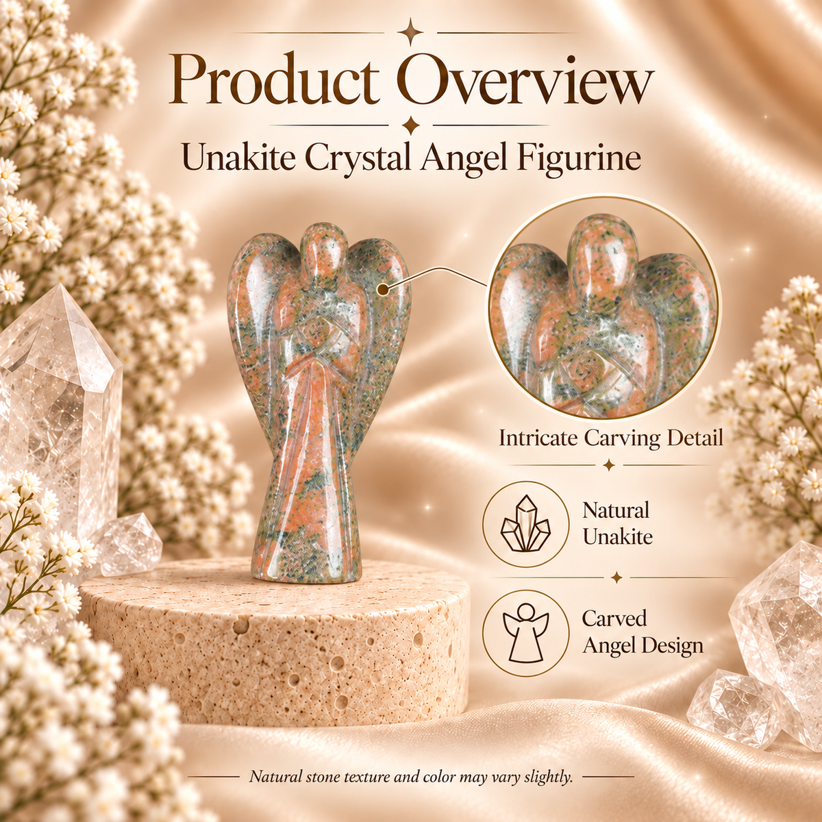 Unakite Crystal Angel Figurine & Statue For Emotional Healing, Balance