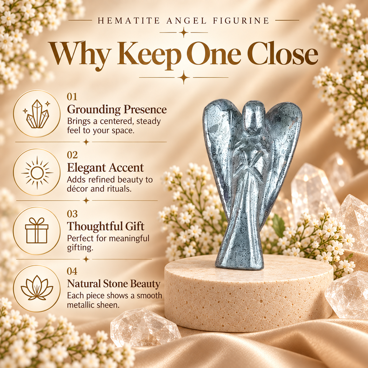 Hematite Angel Figurine for Grounding, Protection, and Strength
