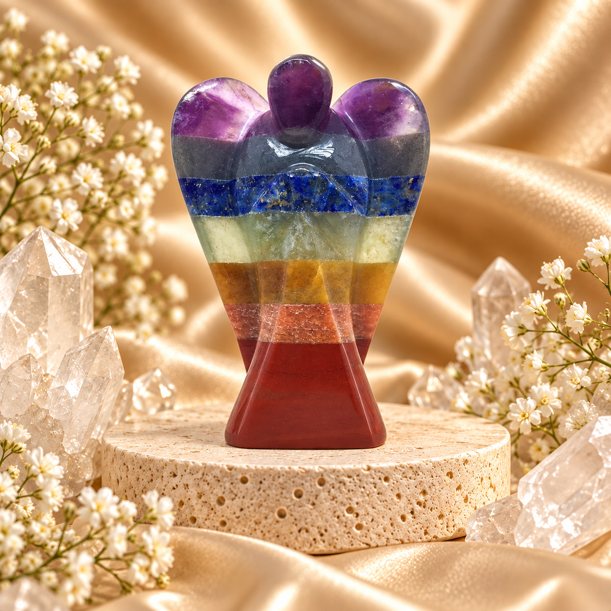 Seven Chakra Stone Angel Figurine for Energy Balance, Healing, and Protection