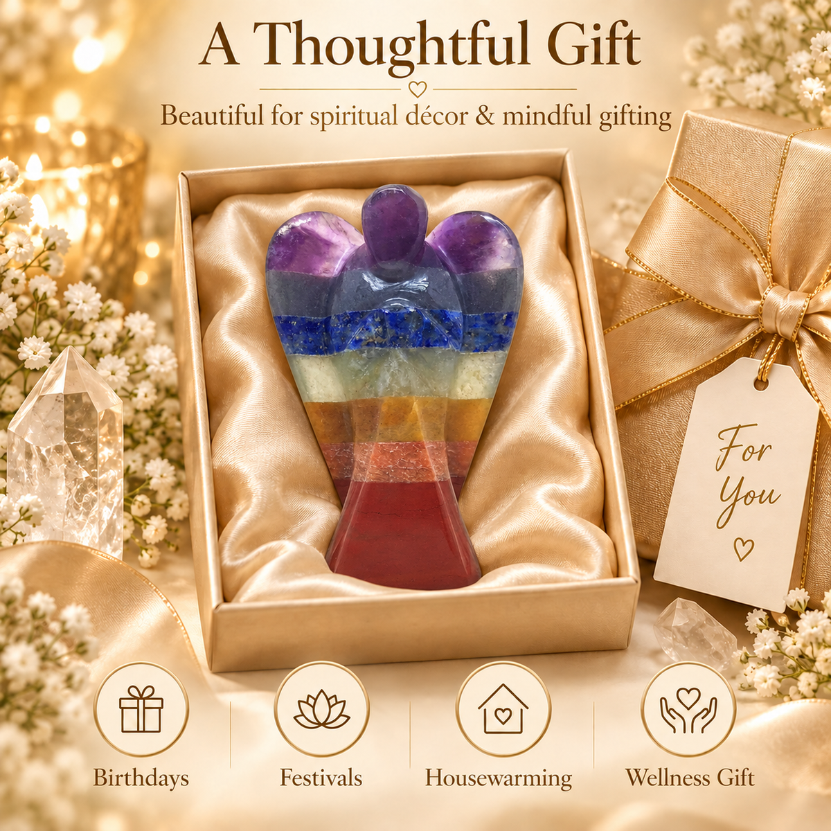 Seven Chakra Stone Angel Figurine for Energy Balance, Healing, and Protection