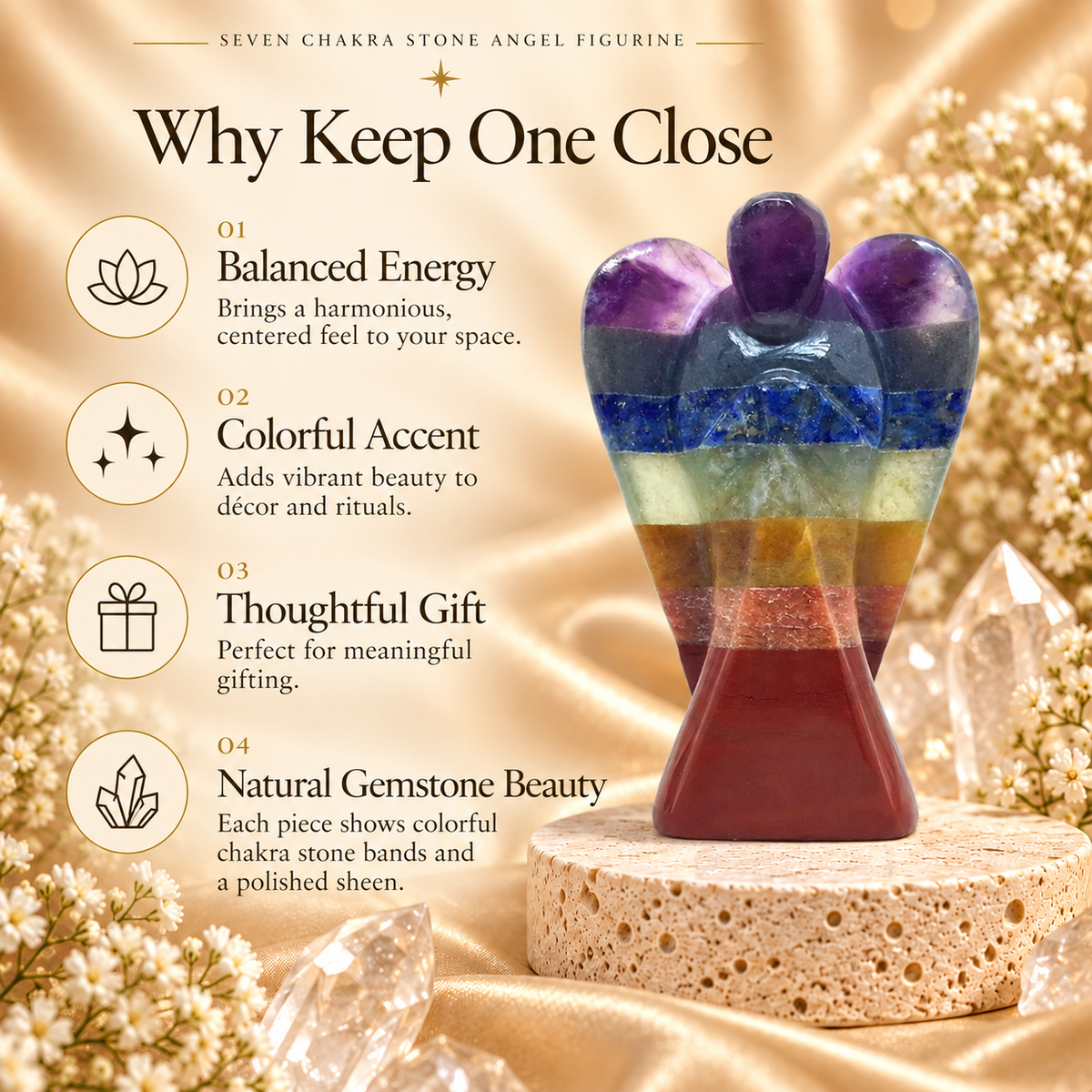 Seven Chakra Stone Angel Figurine for Energy Balance, Healing, and Protection