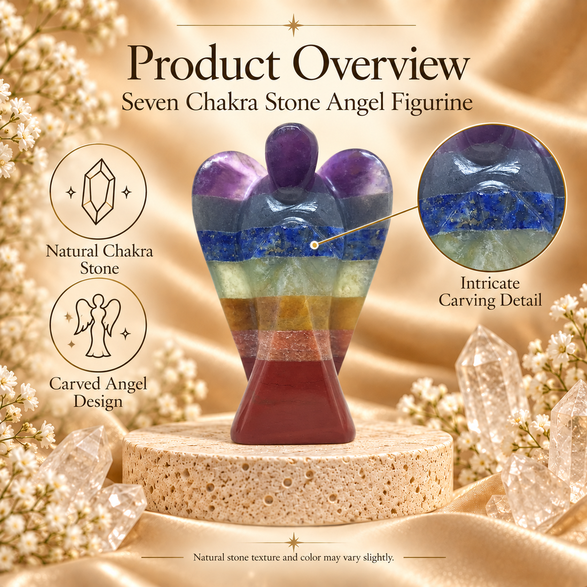 Seven Chakra Stone Angel Figurine for Energy Balance, Healing, and Protection