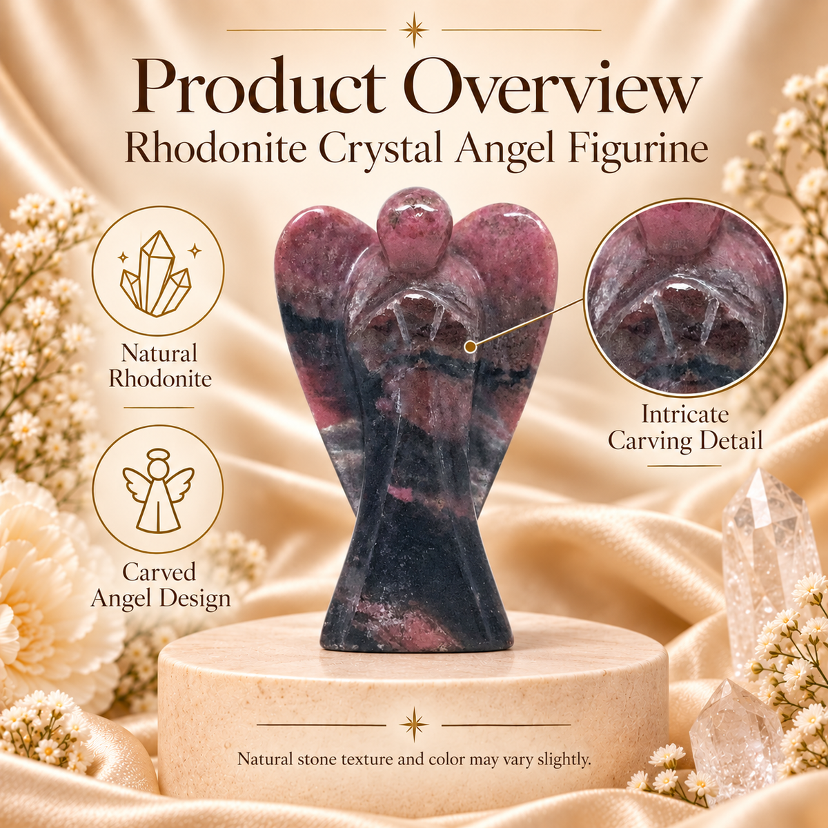 Rhodonite Crystal  Angel Figurine & Statue for Love, Healing, and Balance