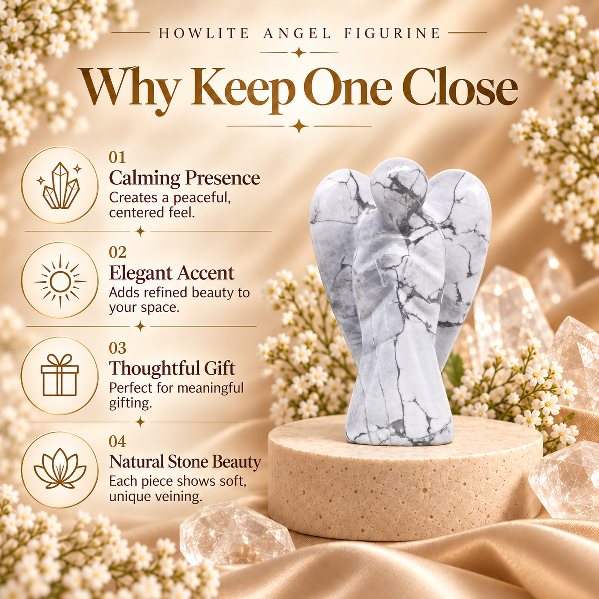 Howlite Angel Figurine for Calmness, Patience, and Stress Relief