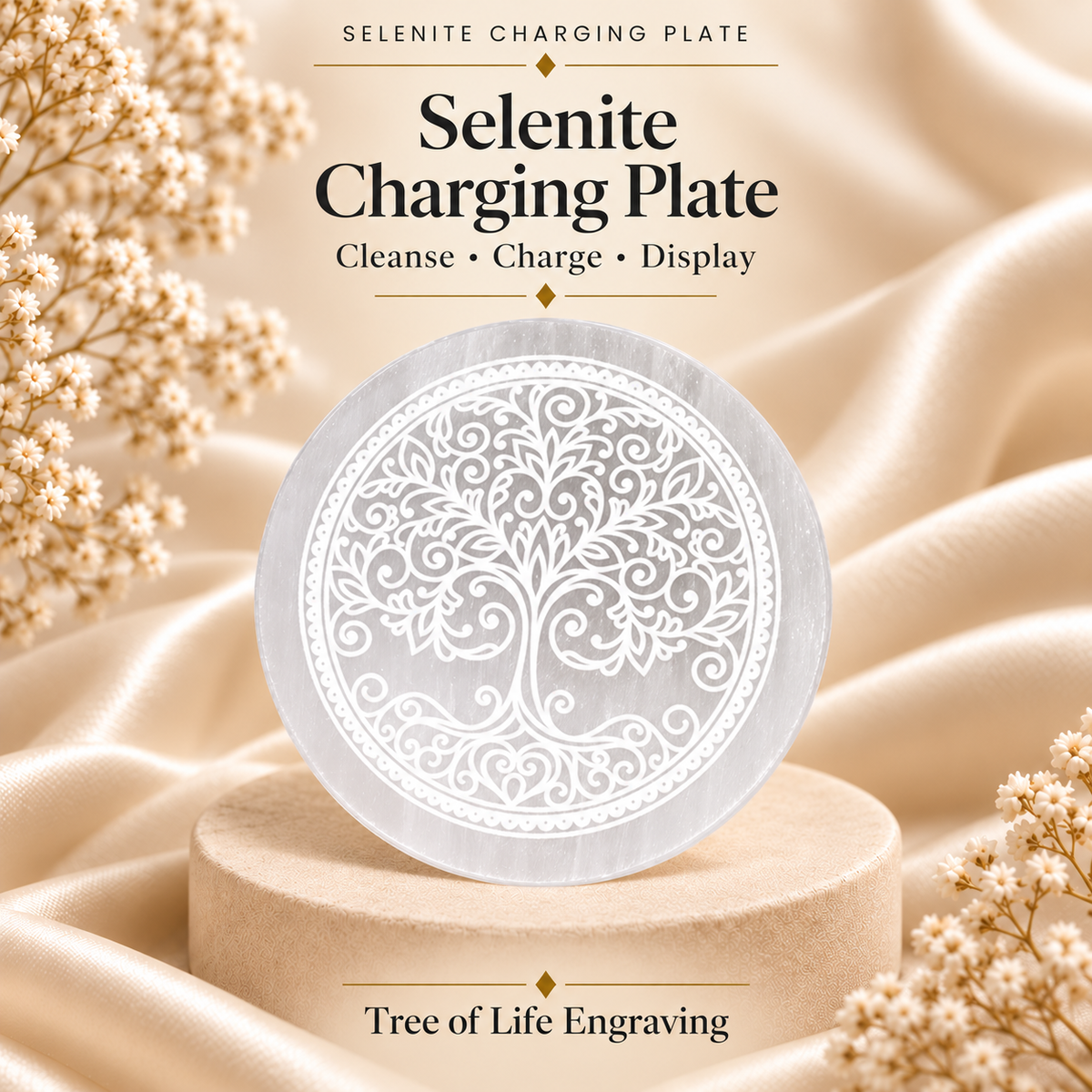 Tree of Life Engraving Selenite Charging Plate