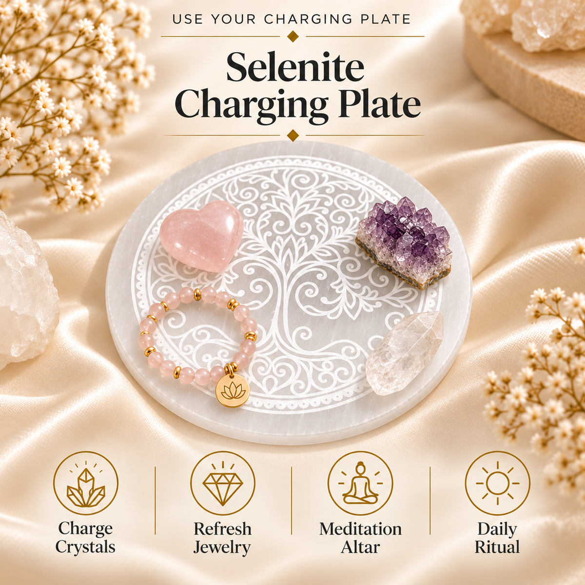Tree of Life Engraving Selenite Charging Plate
