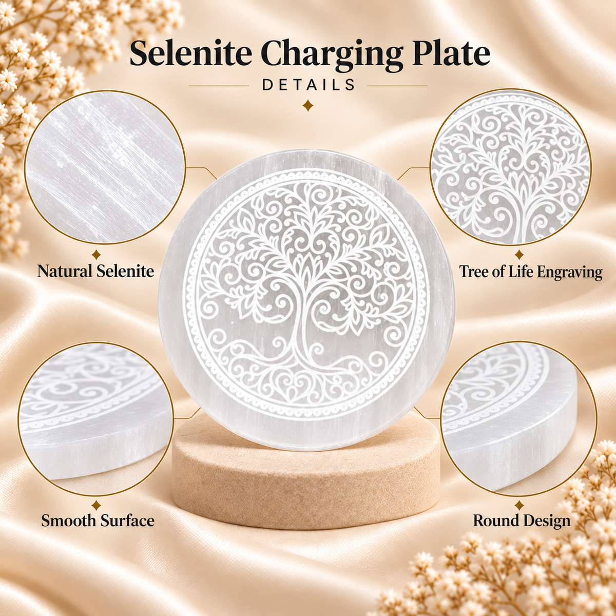 Tree of Life Engraving Selenite Charging Plate