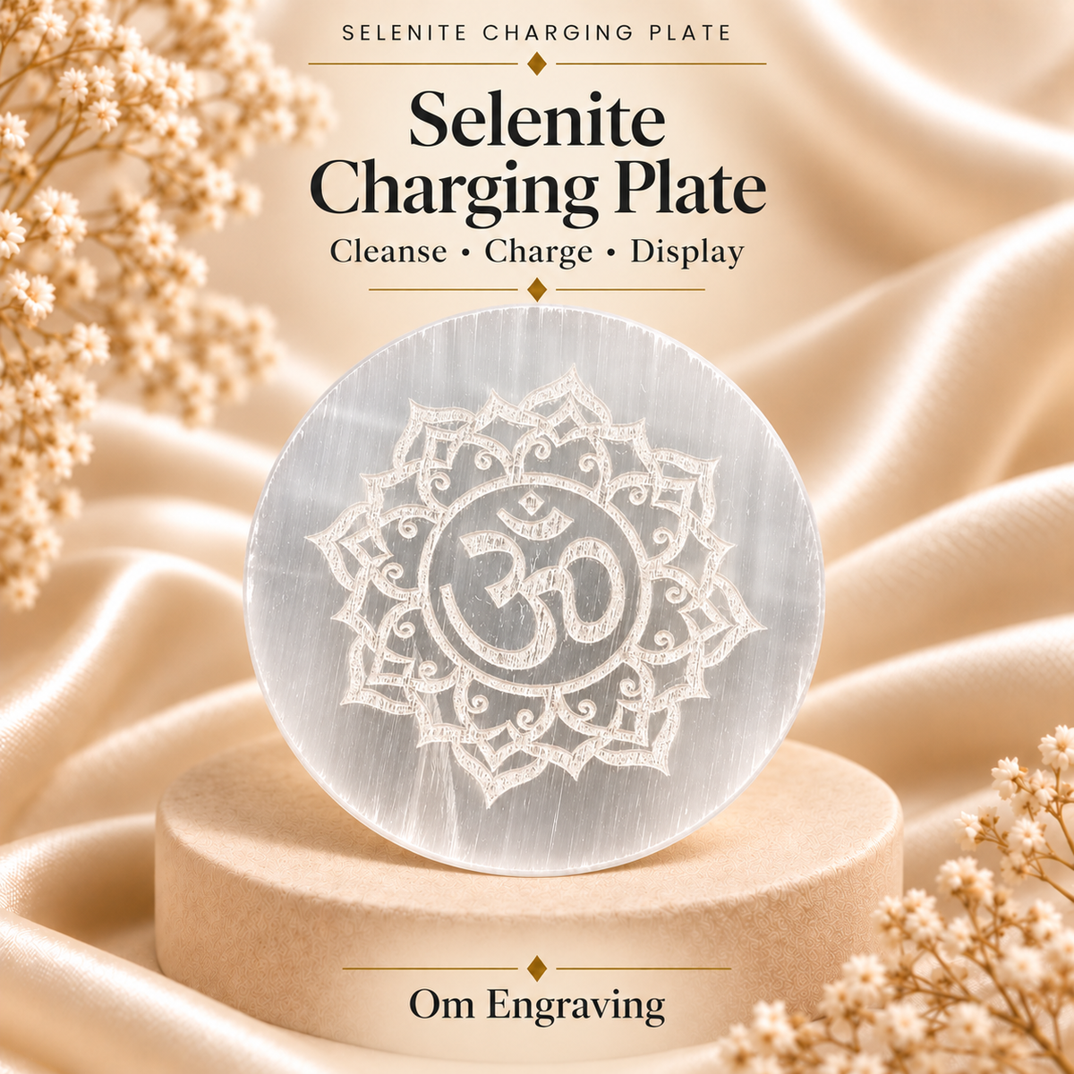 Selenite Charging Plate with Om Engraving