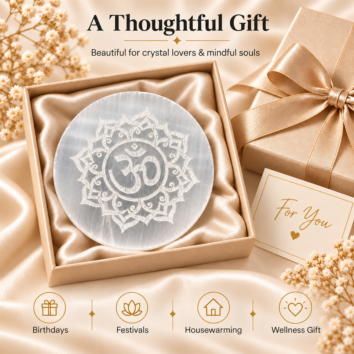 Selenite Charging Plate with Om Engraving