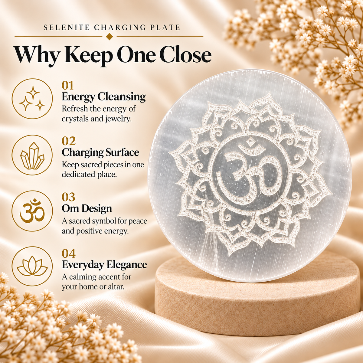 Selenite Charging Plate with Om Engraving