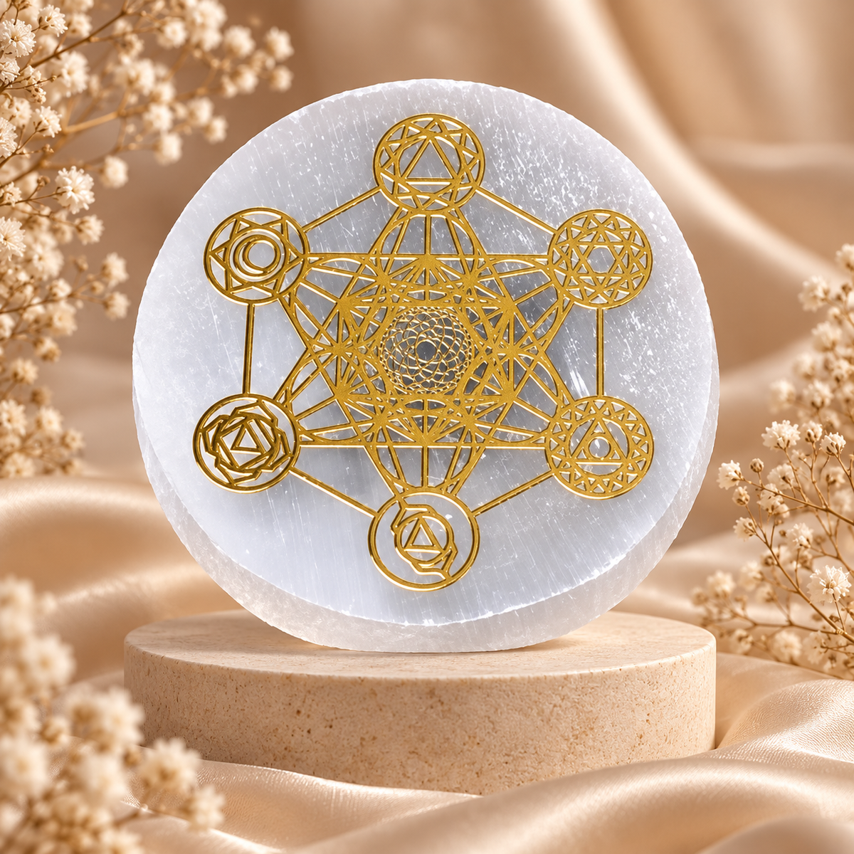 Selenite Charging Plate with Gold Sacred Geometry Design