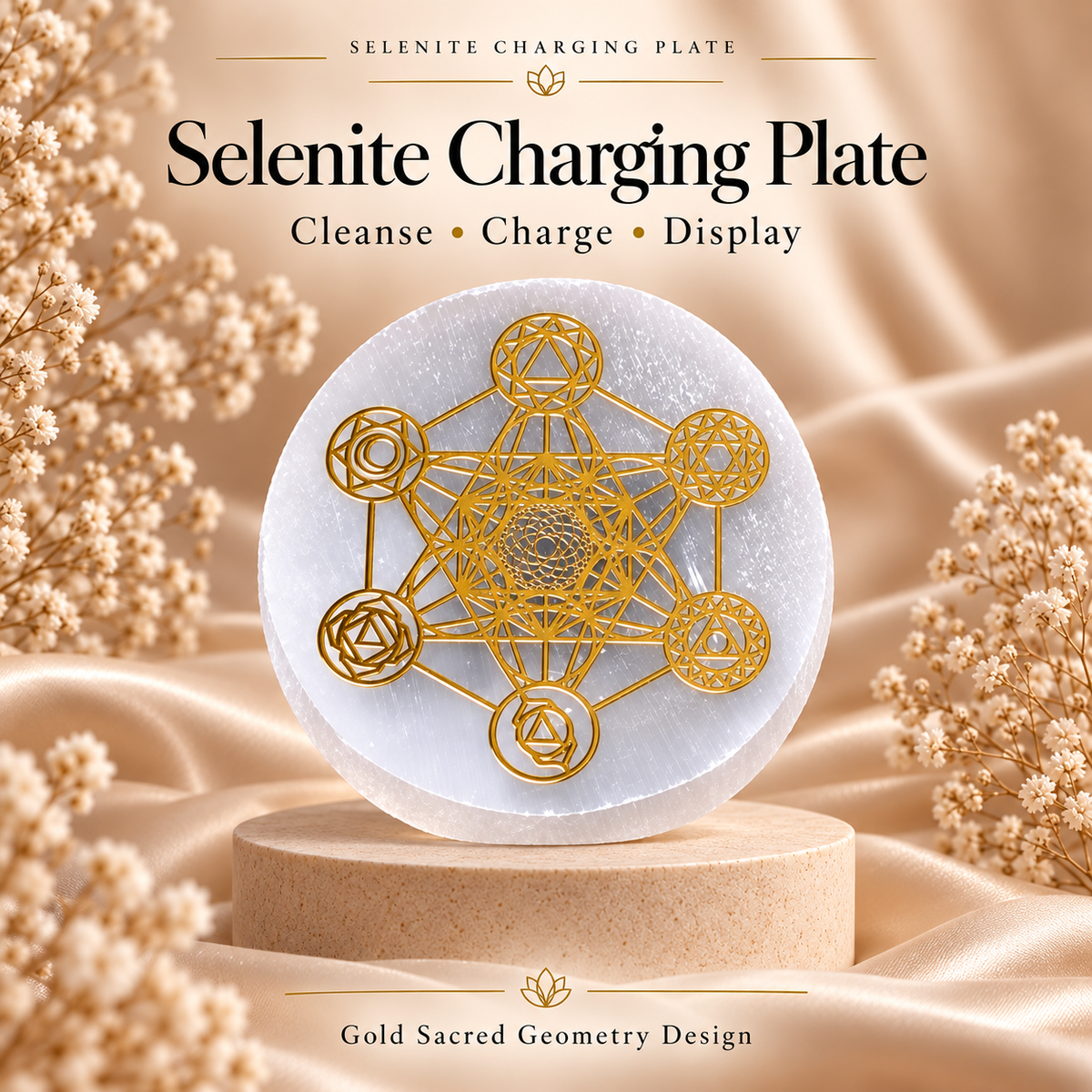 Selenite Charging Plate with Gold Sacred Geometry Design