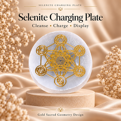 Selenite Charging Plate with Gold Sacred Geometry Design