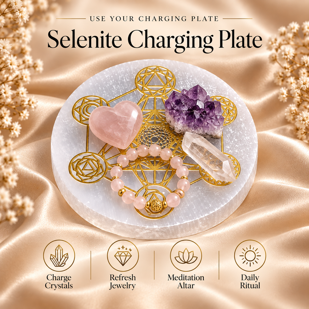 Selenite Charging Plate with Gold Sacred Geometry Design