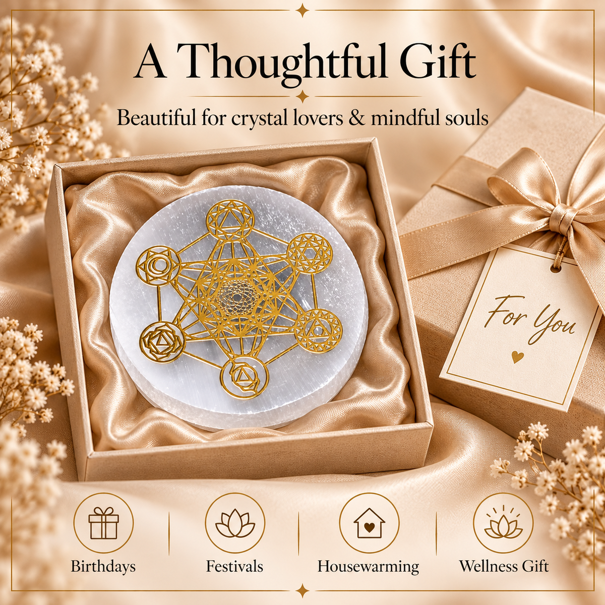 Selenite Charging Plate with Gold Sacred Geometry Design
