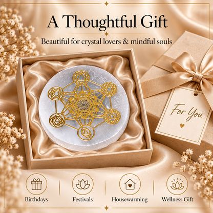 Selenite Charging Plate with Gold Sacred Geometry Design