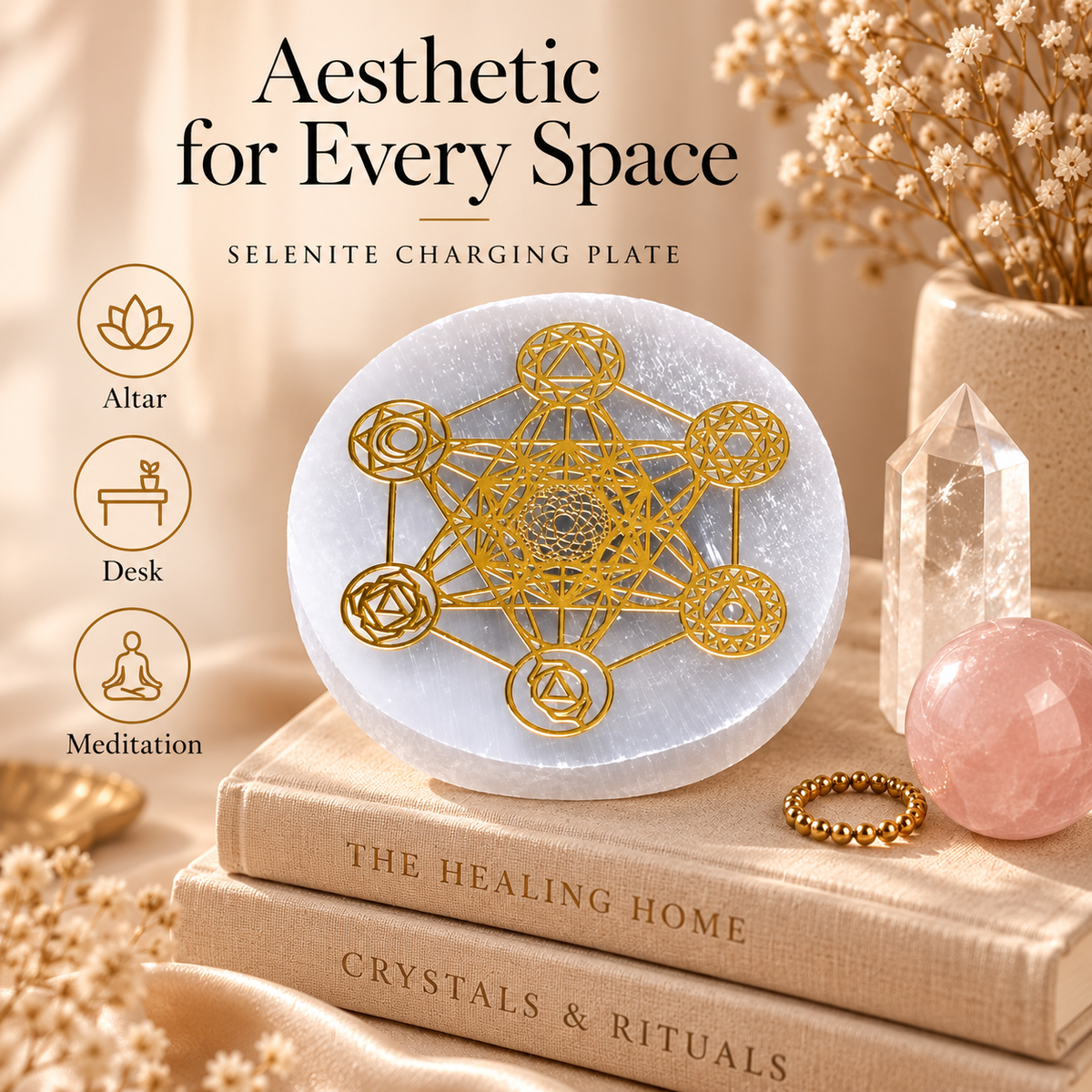 Selenite Charging Plate with Gold Sacred Geometry Design