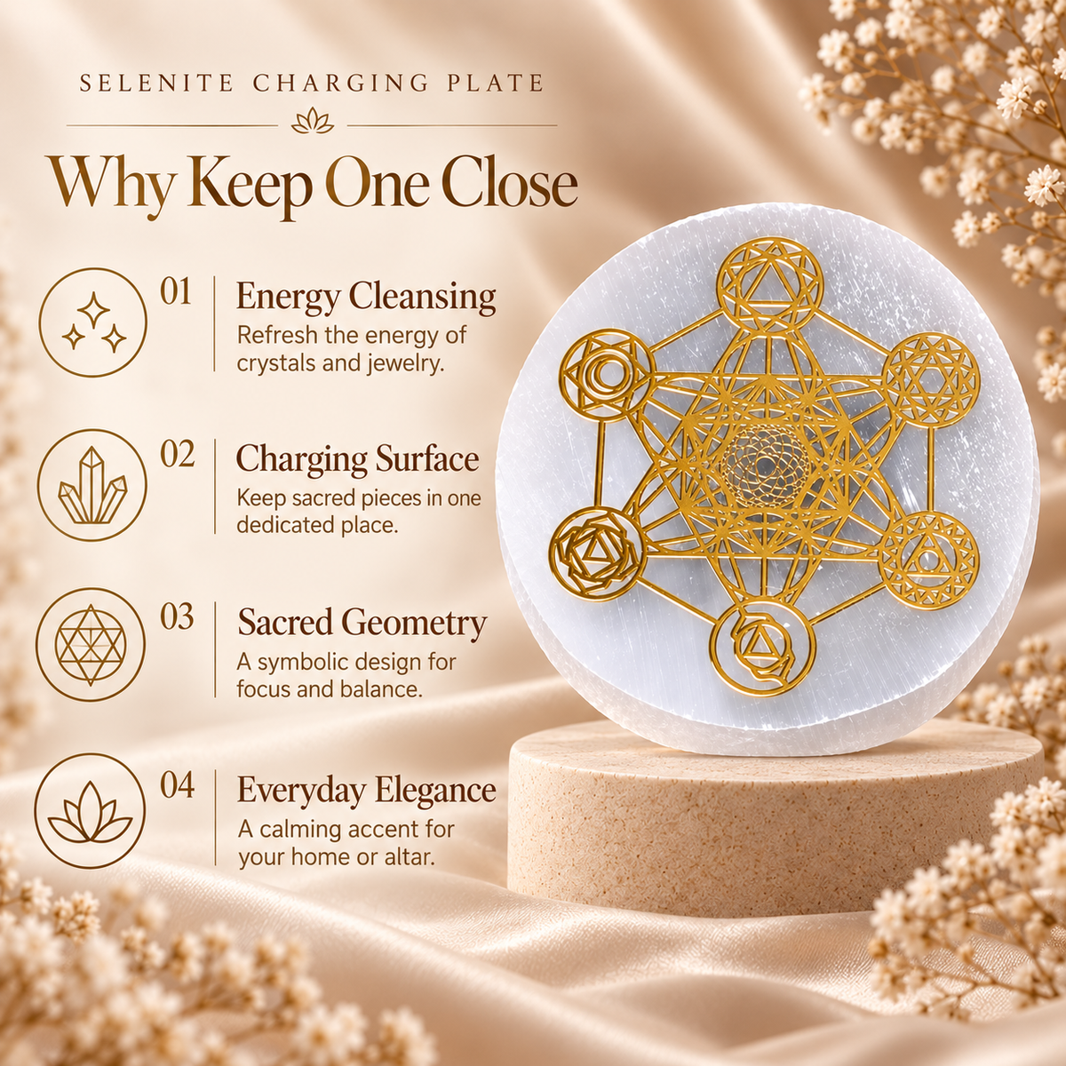 Selenite Charging Plate with Gold Sacred Geometry Design