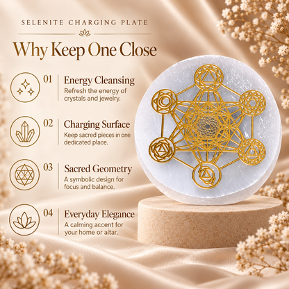 Selenite Charging Plate with Gold Sacred Geometry Design