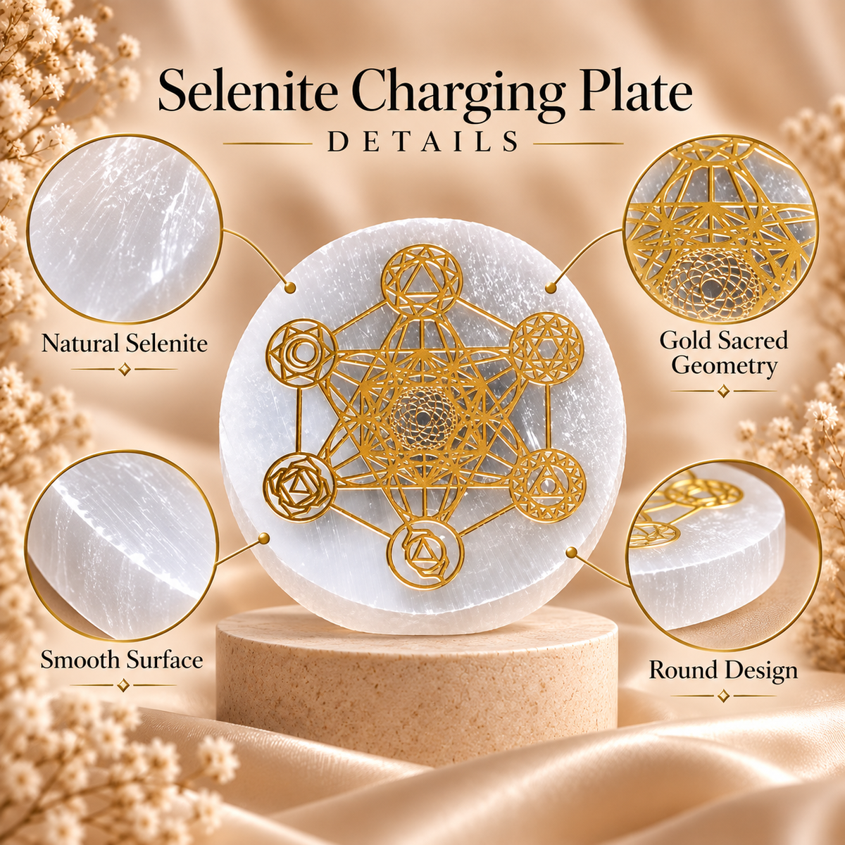 Selenite Charging Plate with Gold Sacred Geometry Design