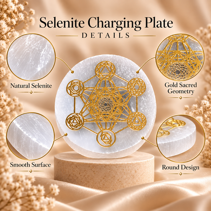 Selenite Charging Plate with Gold Sacred Geometry Design