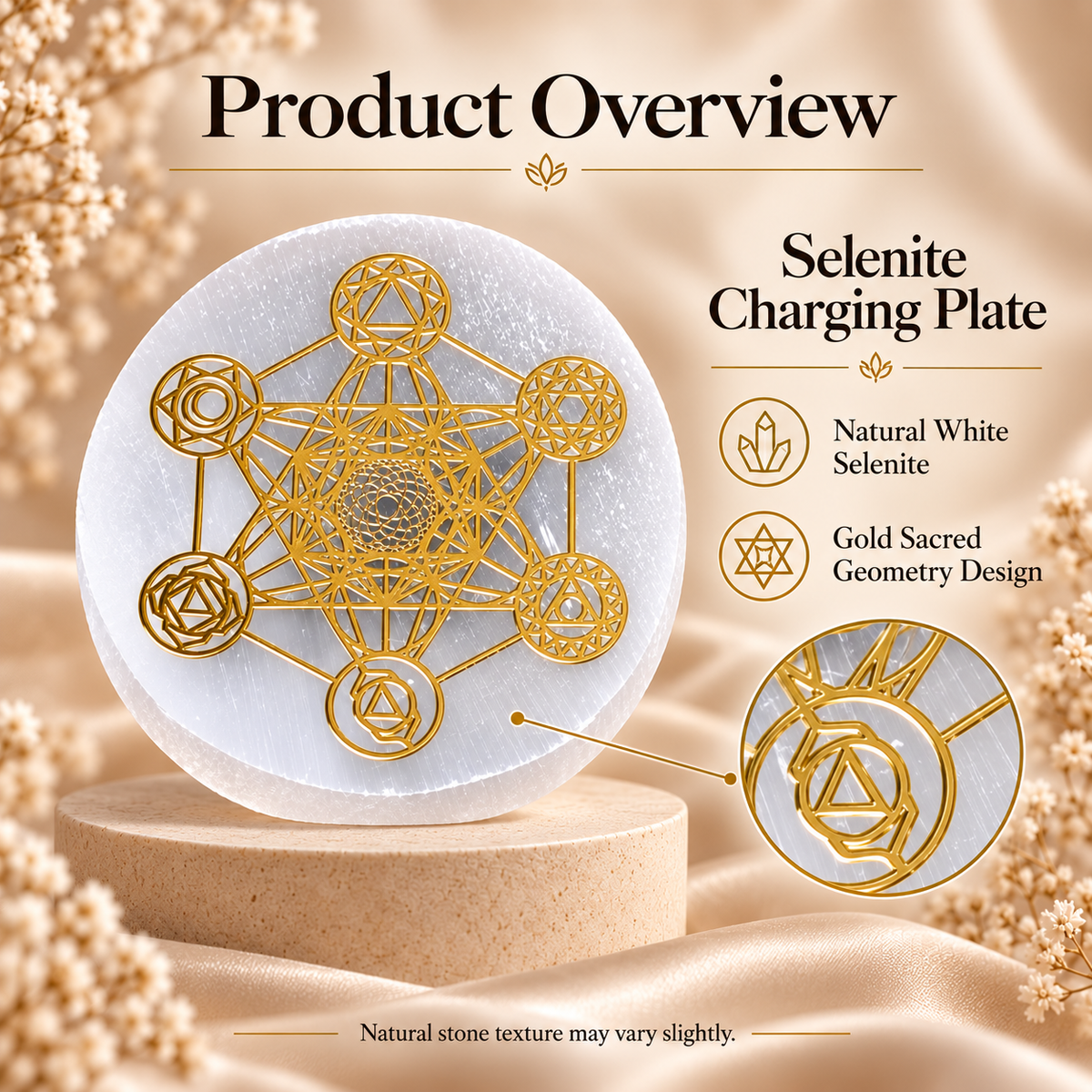 Selenite Charging Plate with Gold Sacred Geometry Design