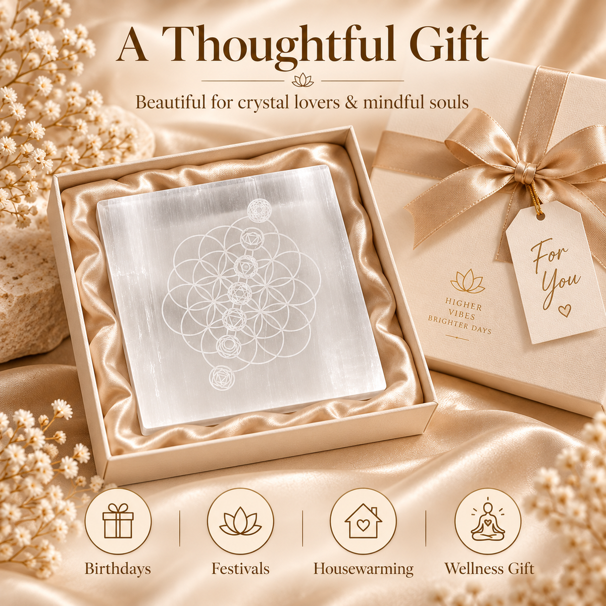 Selenite Charging Plate with Flower of Life Design