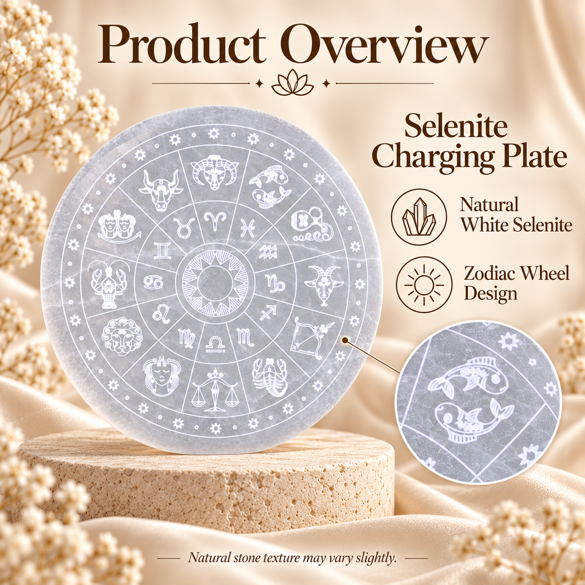 Selenite Charging Plate with Zodiac Wheel Design