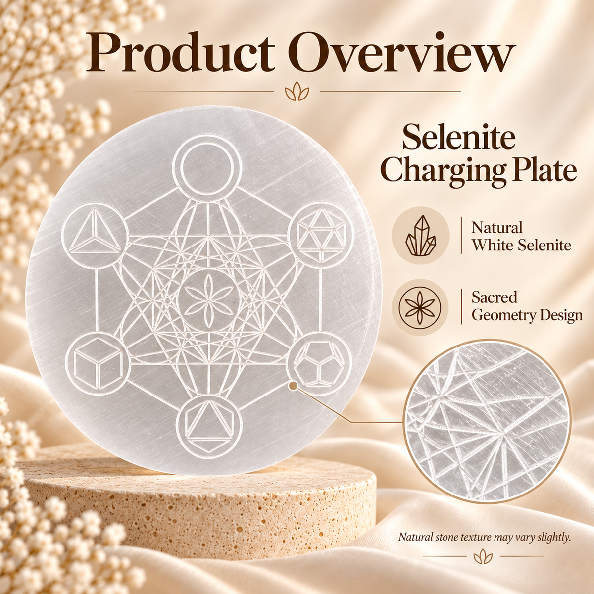 Selenite Charging Plate with Sacred Geometry Design