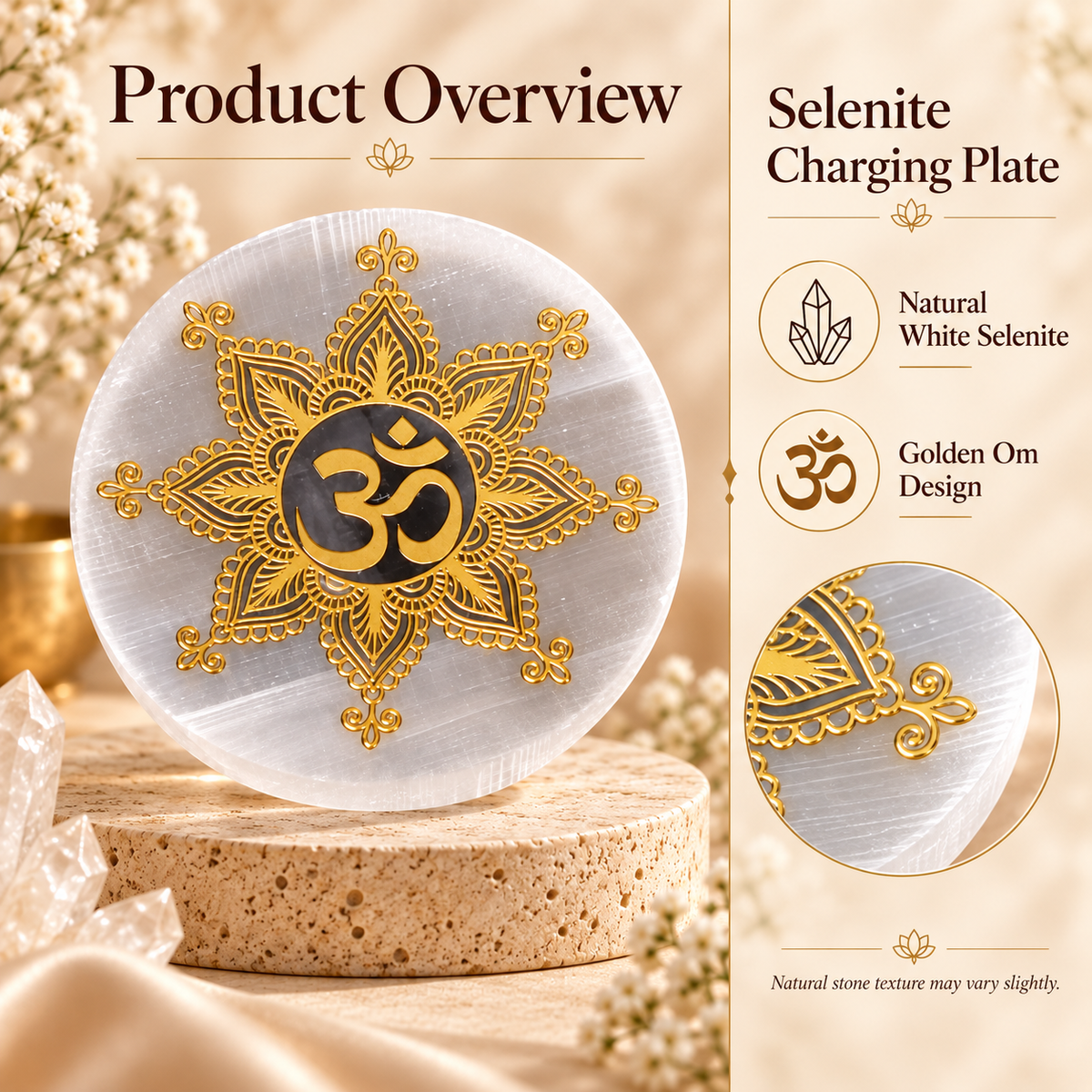 Selenite Charging Plate with Golden Om Design