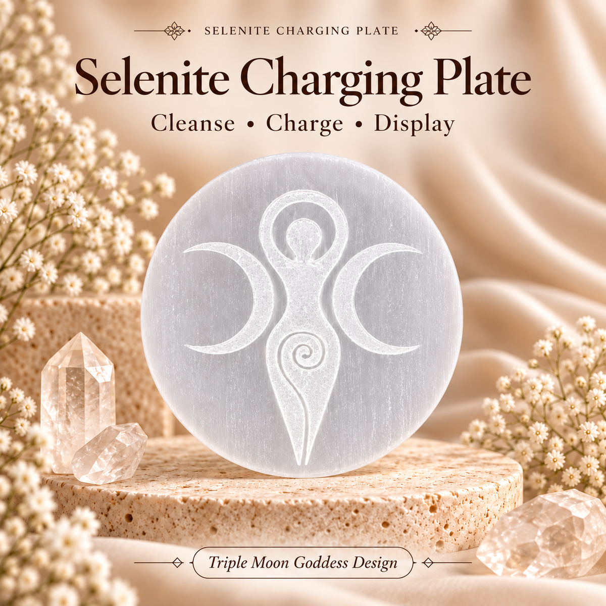 Selenite Charging Plate – Triple Moon Goddess Design