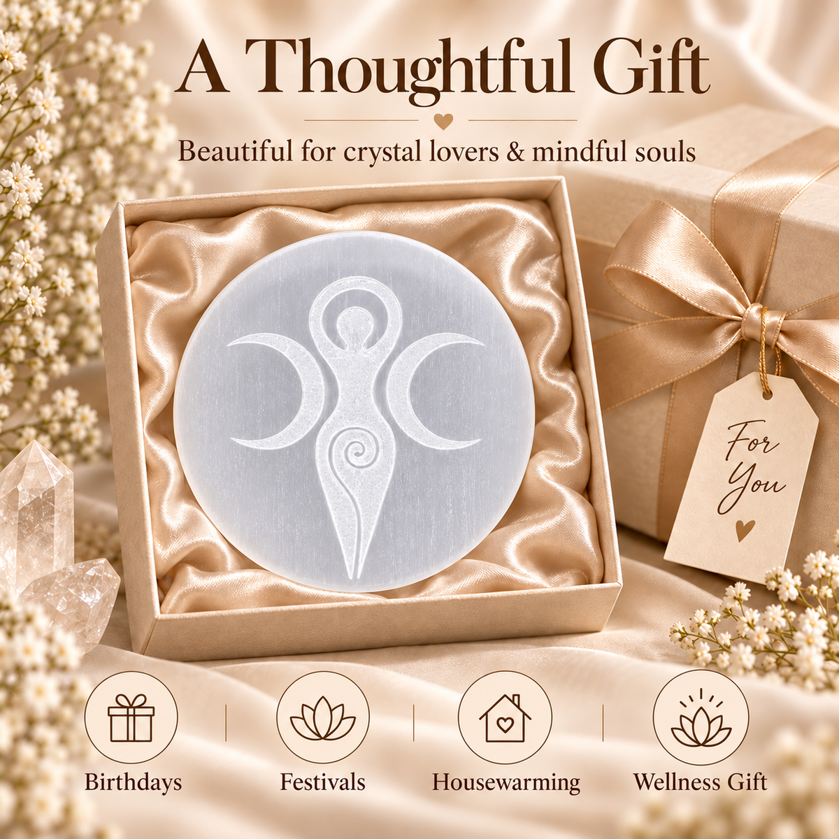 Selenite Charging Plate – Triple Moon Goddess Design