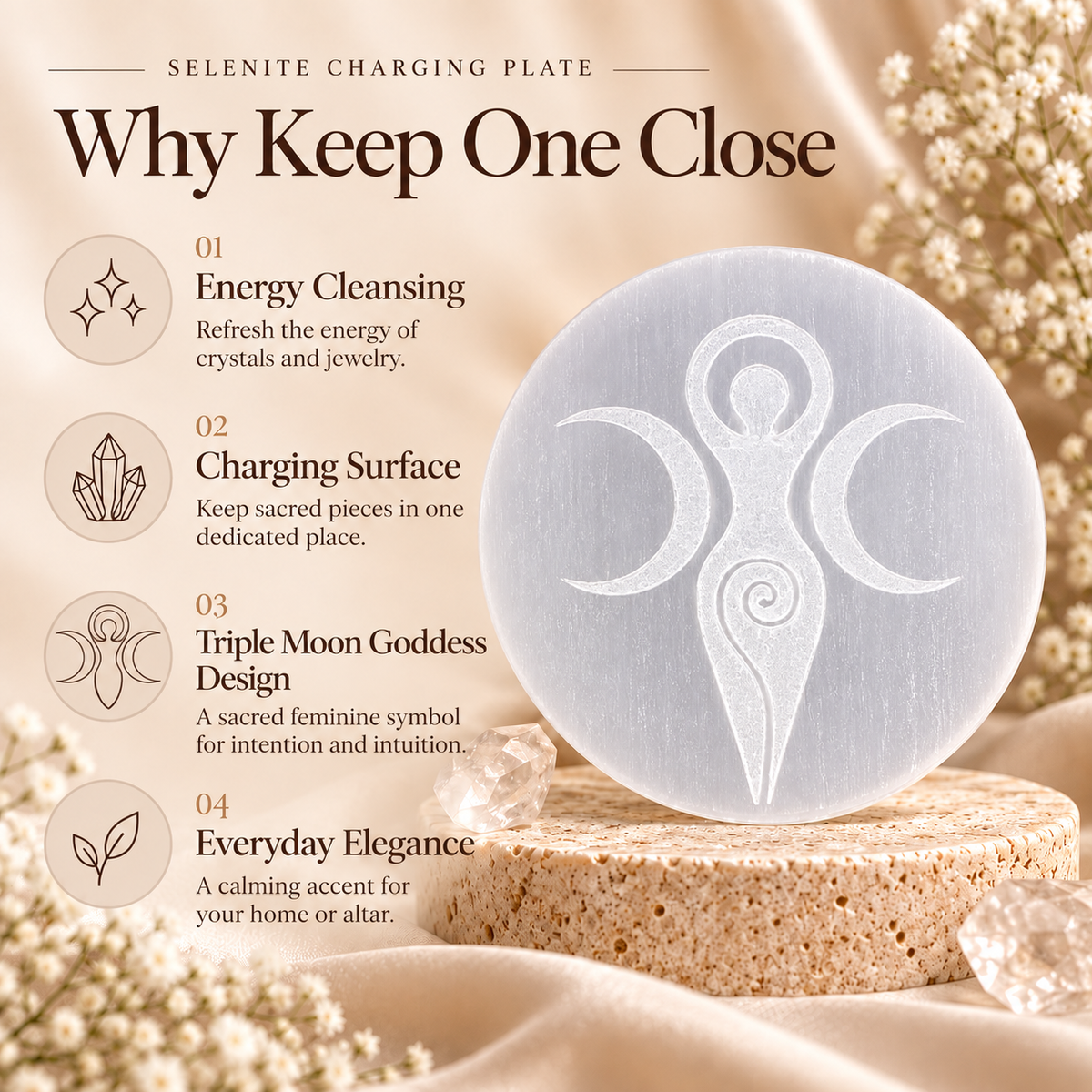 Selenite Charging Plate – Triple Moon Goddess Design