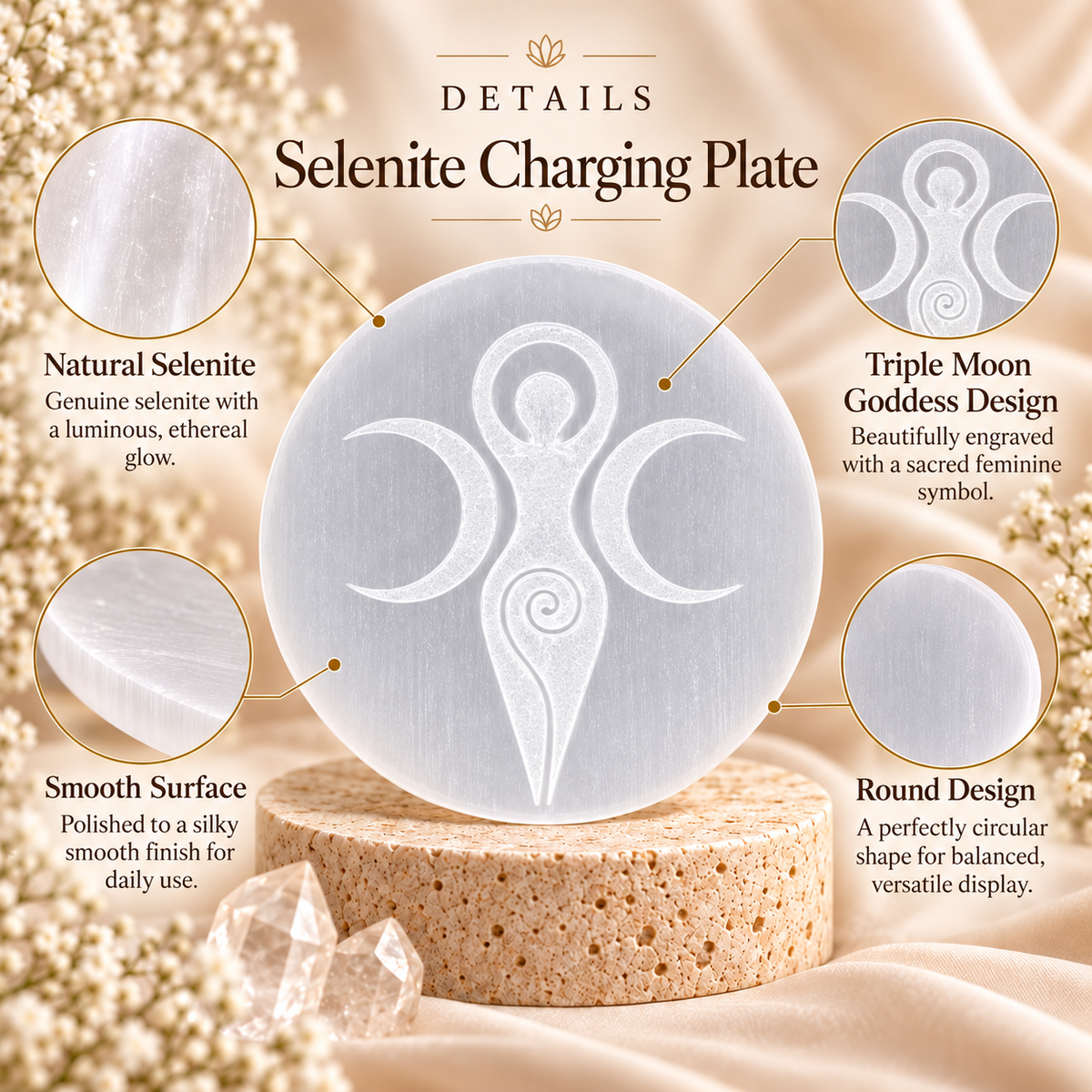 Selenite Charging Plate – Triple Moon Goddess Design