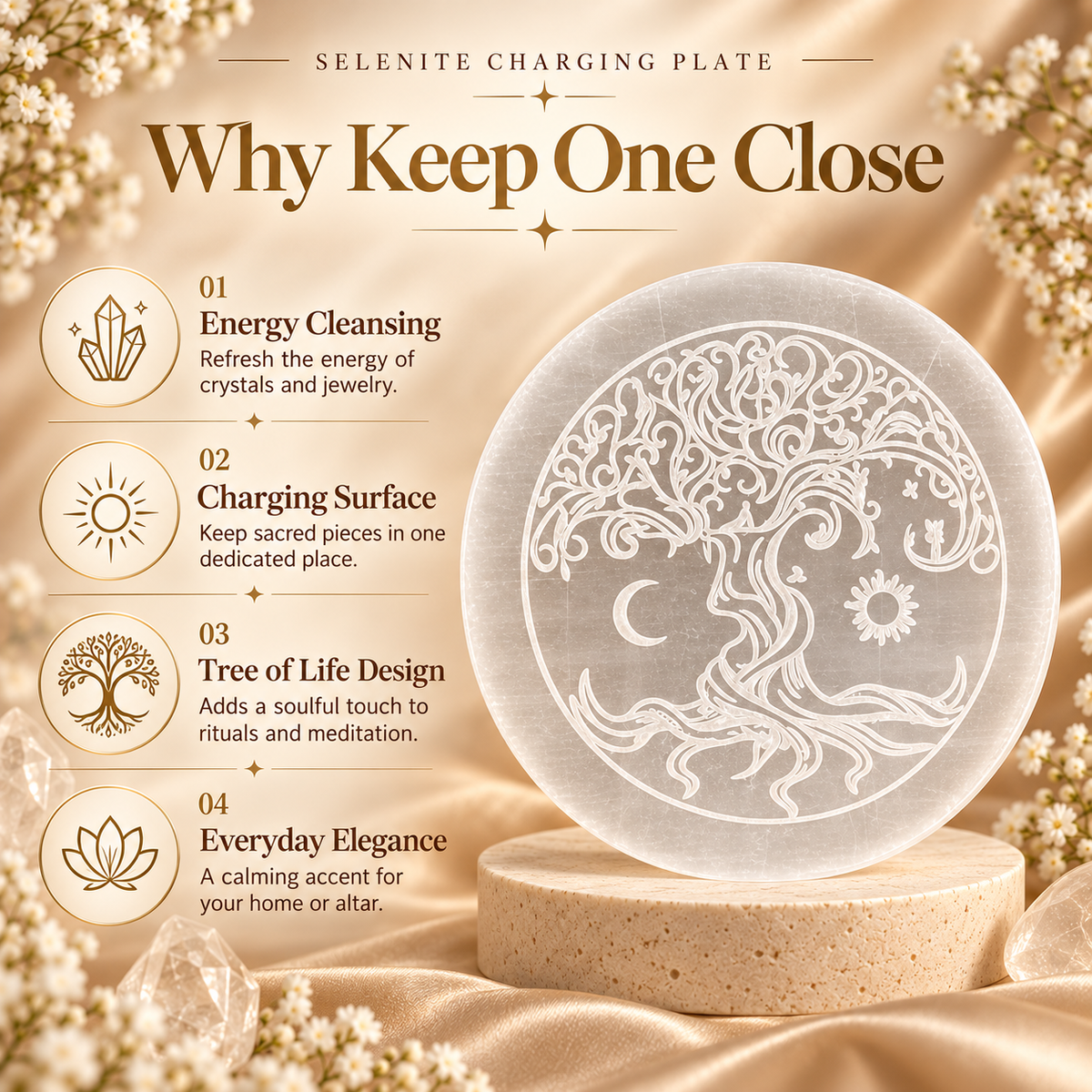 Selenite Charging Plate – Tree of Life Design