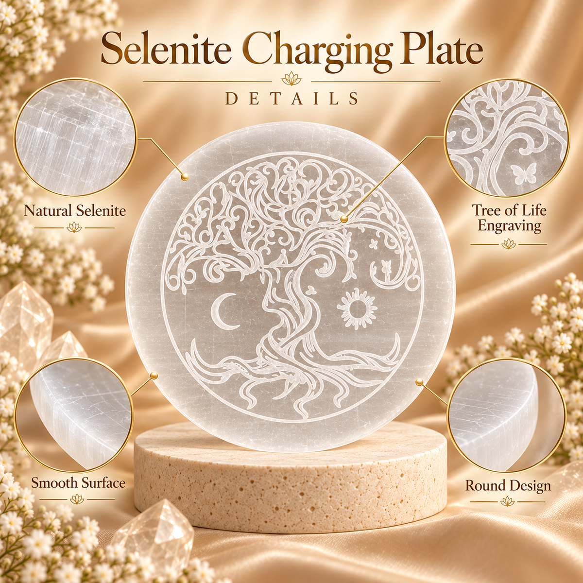 Selenite Charging Plate – Tree of Life Design