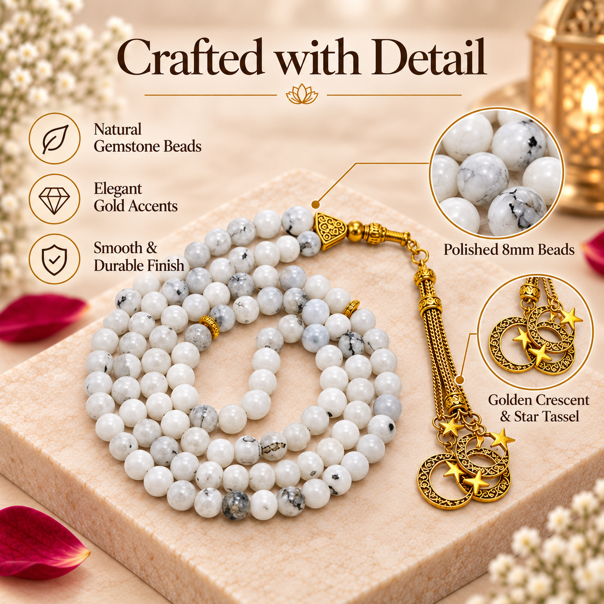 White Howlite Gemstone Crystal Tasbeeh