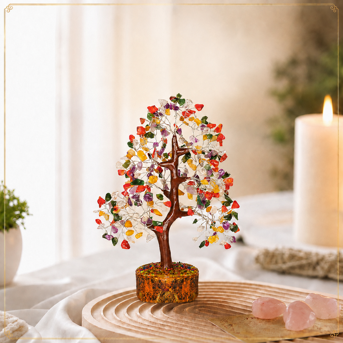 Mix Chakra Crystal Wooden Tree With Silver Wire