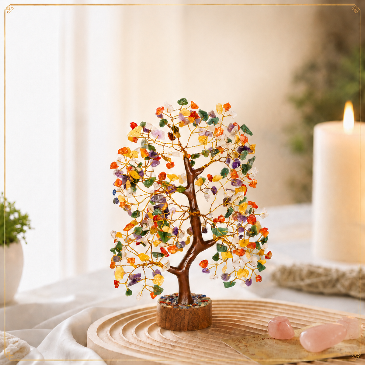 Mix Chakra Crystal Wooden Tree with Golden Wire