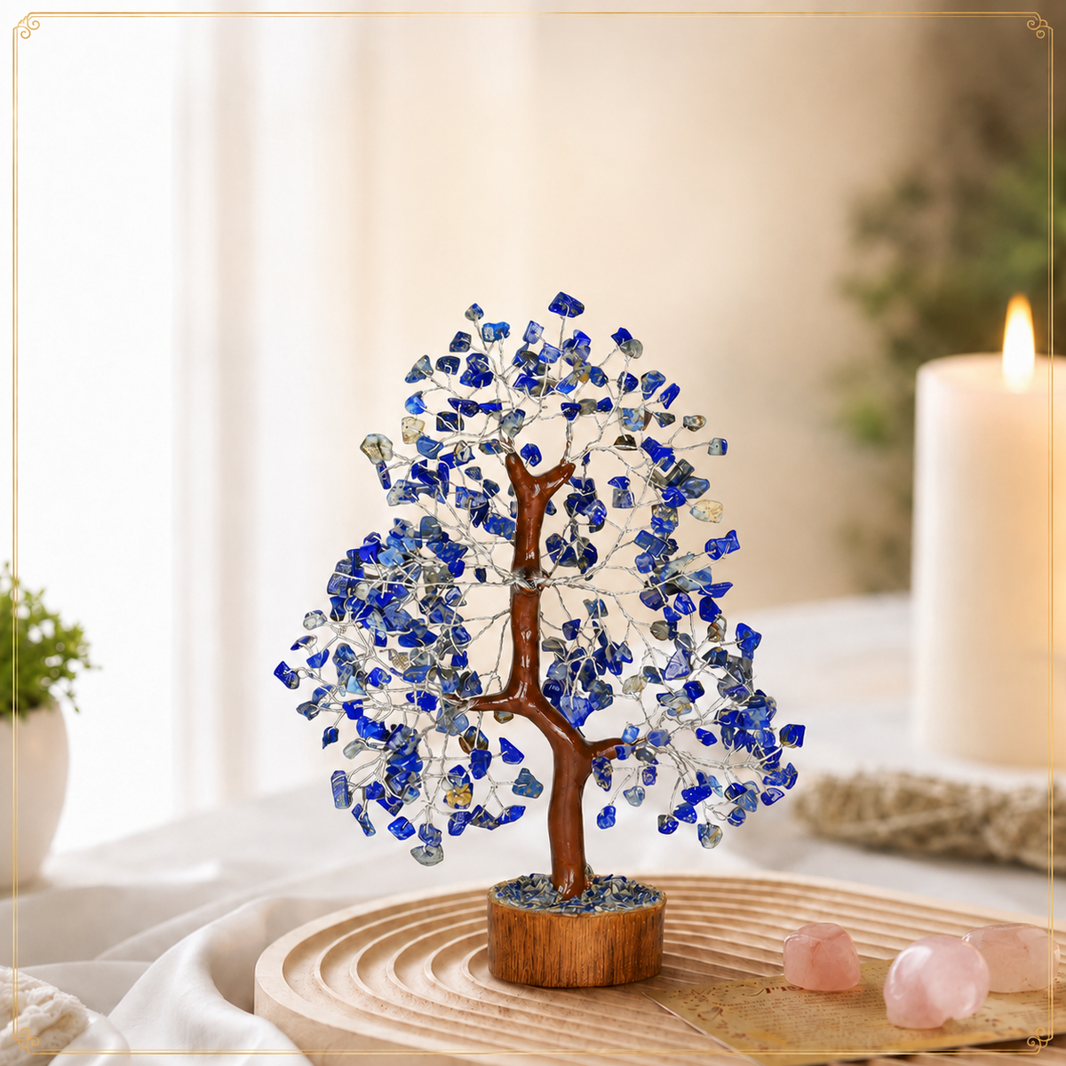 Lapis Lazuli Crystal Wooden Tree With Silver Wire