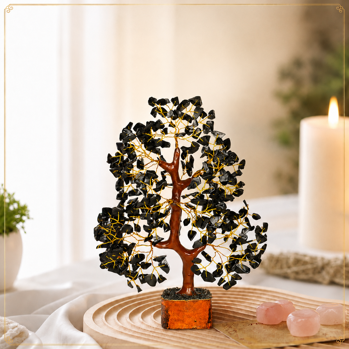 Black Tourmaline Crystal Tree with Golden Wire