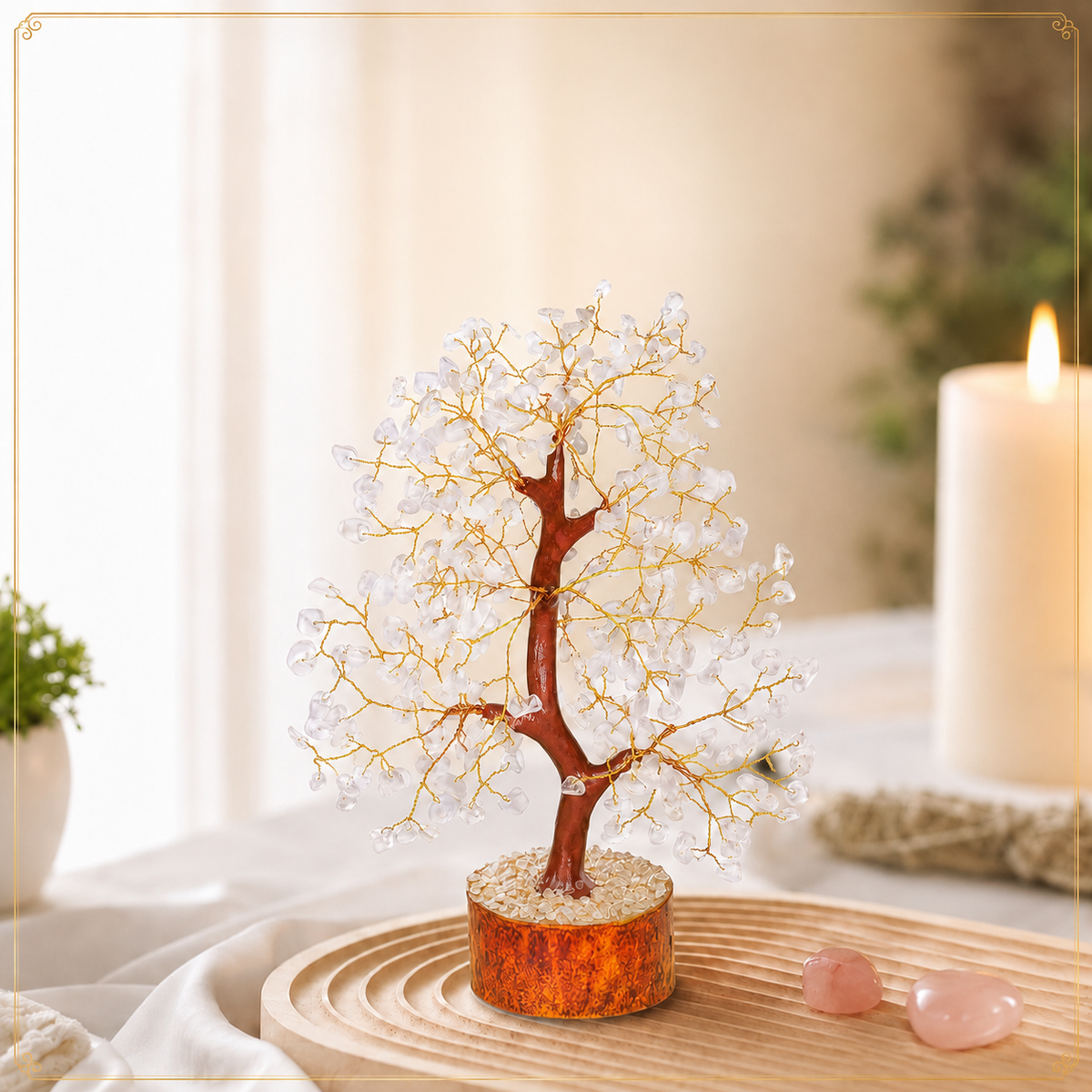 Buy Clear Quartz Crystal Wooden Tree With Golden Wire